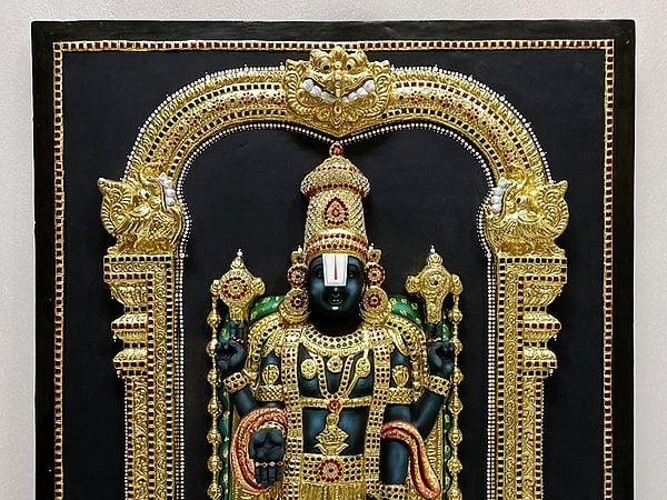 Exotic India Tirupati Balaji (Venkateshvara) | Super Embossed 3D Face Work | Tanjore Painting With Frame