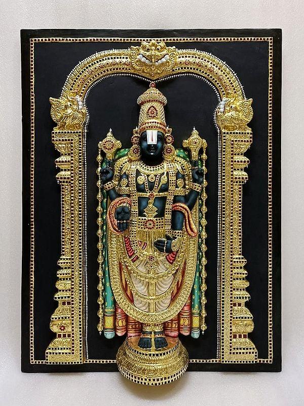 exotic india Tirupati Balaji (Venkateshvara) | Super Embossed 3D Face Work | Tanjore Painting With Frame