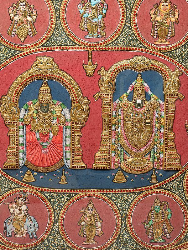 Exotic India Tirupati Balaji (Venkateshvara) With Goddess Padmavathi And Dashavatara Of Lord Vishnu | 24 Karat Gold | Framed Tanjore Painting 