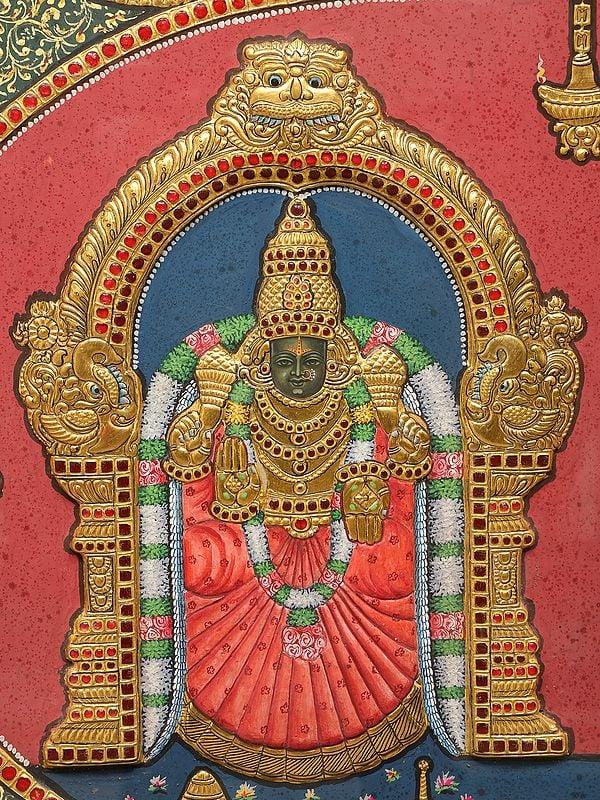 Exotic India Tirupati Balaji (Venkateshvara) With Goddess Padmavathi And Dashavatara Of Lord Vishnu | 24 Karat Gold | Framed Tanjore Painting 