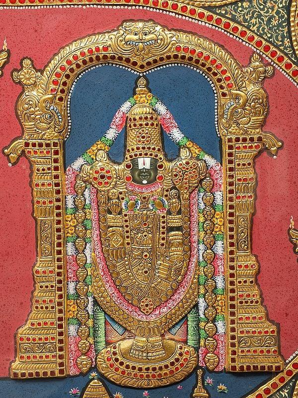 Exotic India Tirupati Balaji (Venkateshvara) With Goddess Padmavathi And Dashavatara Of Lord Vishnu | 24 Karat Gold | Framed Tanjore Painting 