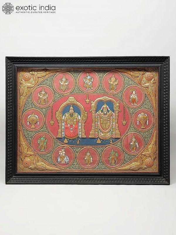 exotic india Tirupati Balaji (Venkateshvara) with Goddess Padmavathi and Dashavatara of Lord Vishnu | 24 Karat Gold | Framed Tanjore Painting 