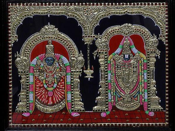 Exotic India Tirupati Balaji With Padmavathi Thayar Tanjore Painting | Traditional Colour With 24 Karat Gold | With Frame 