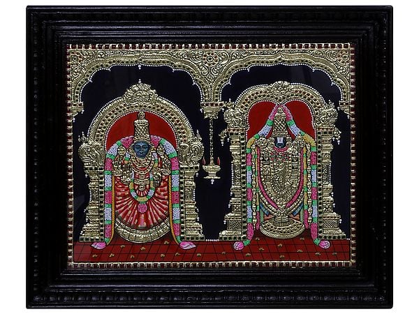 exotic india Tirupati Balaji with Padmavathi Thayar Tanjore Painting | Traditional Colour With 24 Karat Gold | With Frame 
