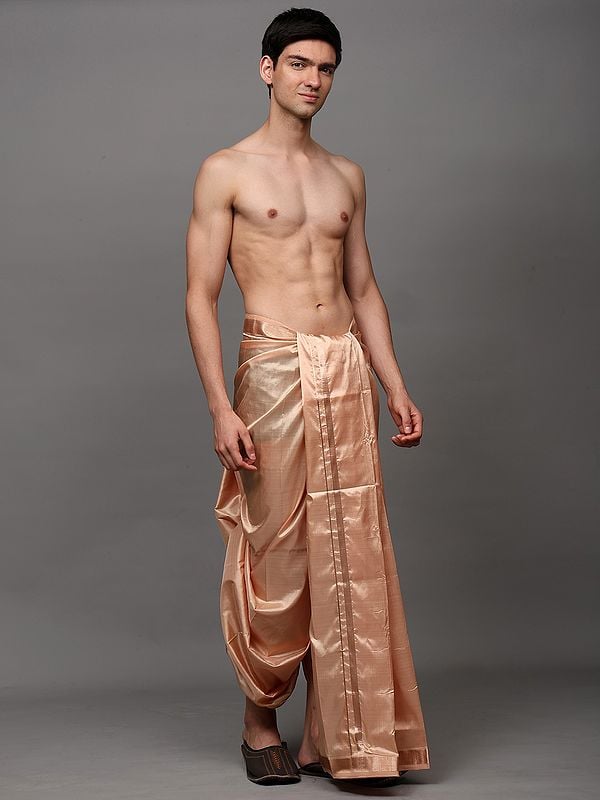 Exotic India Toasted-Almond Pure Silk Handloom Drape Dhoti With Copper Colored Thread Work Border 