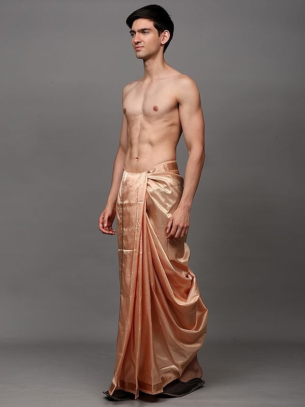 Exotic India Toasted-Almond Pure Silk Handloom Drape Dhoti With Copper Colored Thread Work Border 