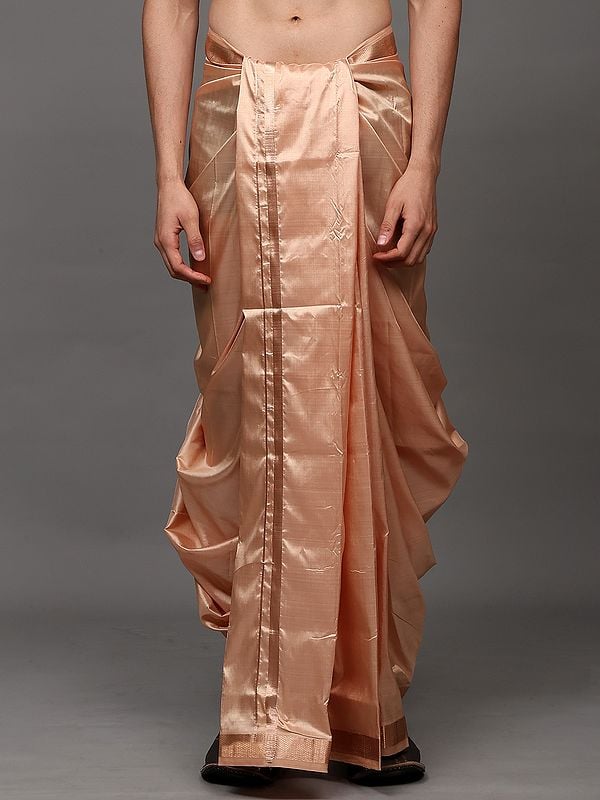 Exotic India Toasted-Almond Pure Silk Handloom Drape Dhoti With Copper Colored Thread Work Border 