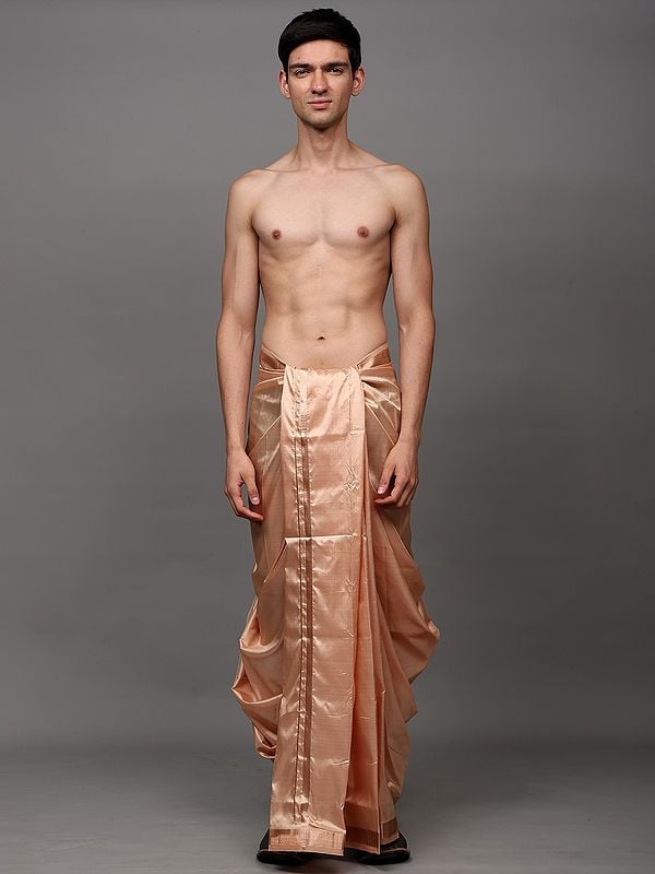 exotic india Toasted-Almond Pure Silk Handloom Drape Dhoti with Copper Colored Thread work Border 