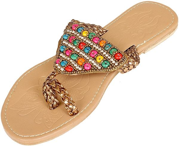 Exotic India Toasted-Almond Slippers With Bead-work In Multi Color