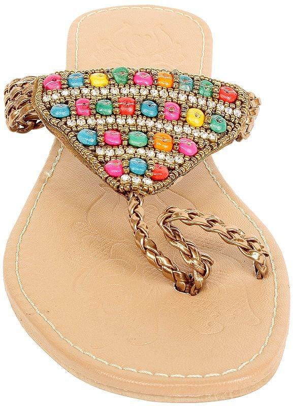 Exotic India Toasted-Almond Slippers With Bead-work In Multi Color