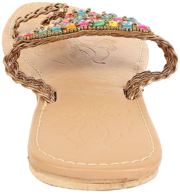Exotic India Toasted-Almond Slippers With Bead-work In Multi Color