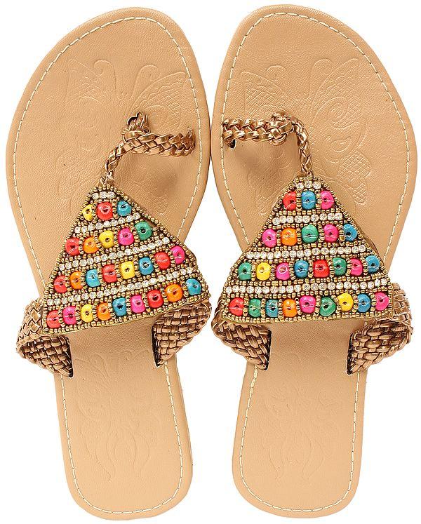 exotic india Toasted-Almond Slippers with Bead-work in Multi Color