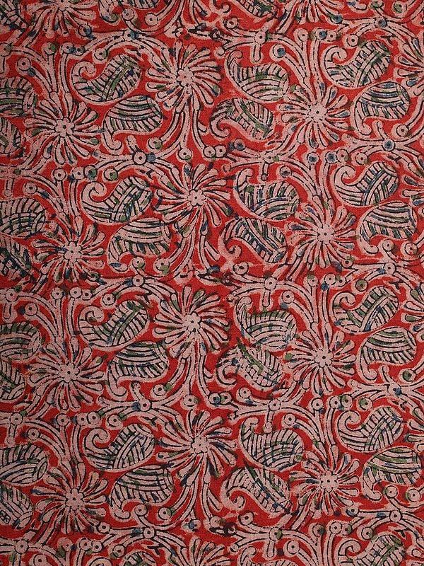 Exotic India Tomato-Red Pure Cotton Kalamkari Block Printed Fabric