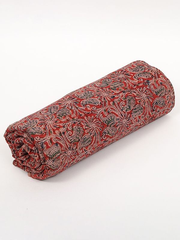 Exotic India Tomato-Red Pure Cotton Kalamkari Block Printed Fabric