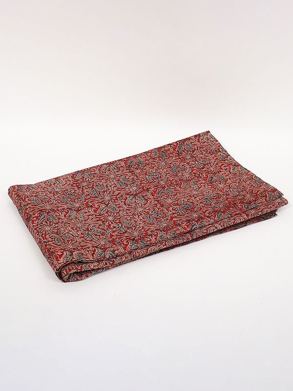 exotic india Tomato-Red Pure Cotton Kalamkari Block Printed Fabric 