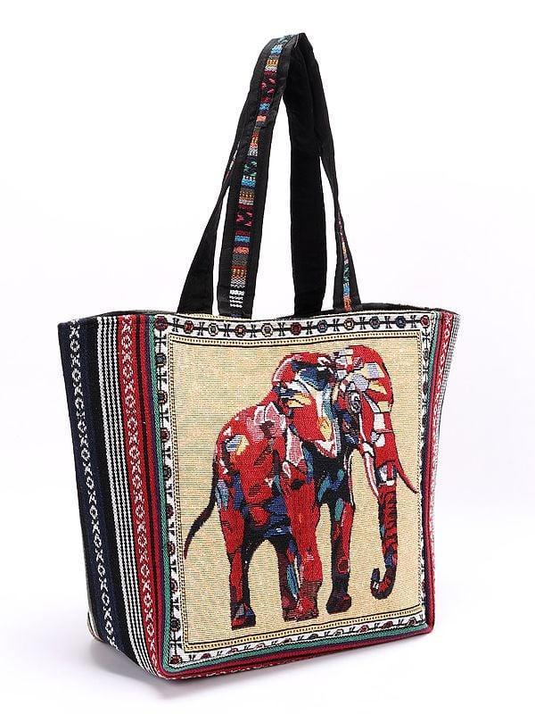 Exotic India Tote Bag From Kutch With Woven Elephant And Zipper Closure 