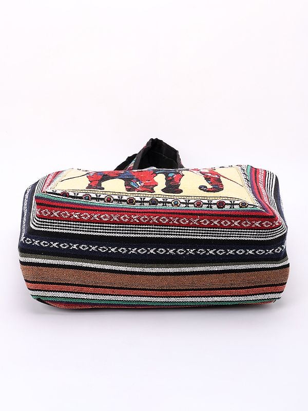 Exotic India Tote Bag From Kutch With Woven Elephant And Zipper Closure 