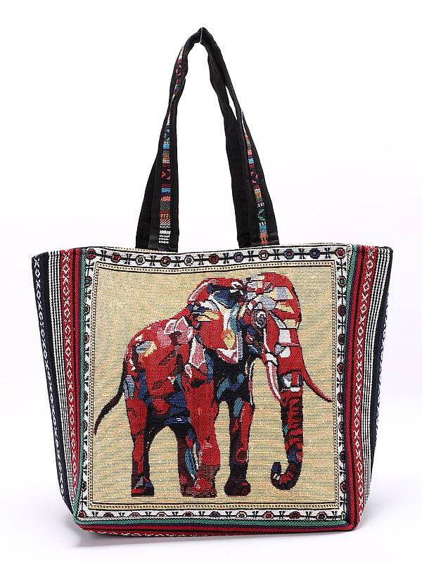 exotic india Tote Bag from Kutch with Woven Elephant and Zipper Closure 