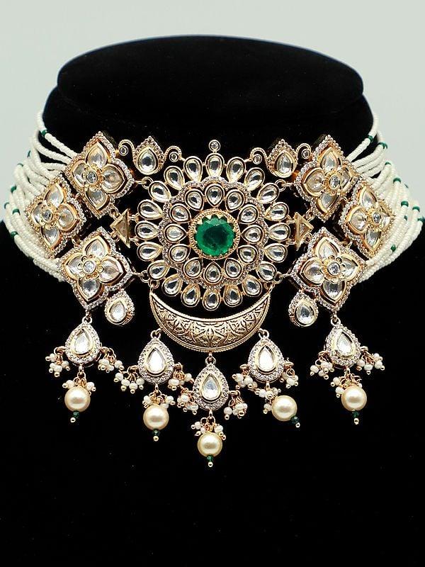 Exotic India Traditional Bandhai Choker Set With Earrings And Pearls