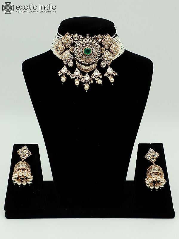 exotic india Traditional Bandhai Choker Set With Earrings And Pearls