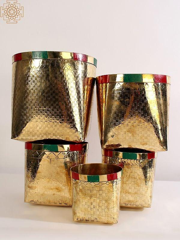 Exotic India Traditional Brass Basket For Temple (Set Of 5) 