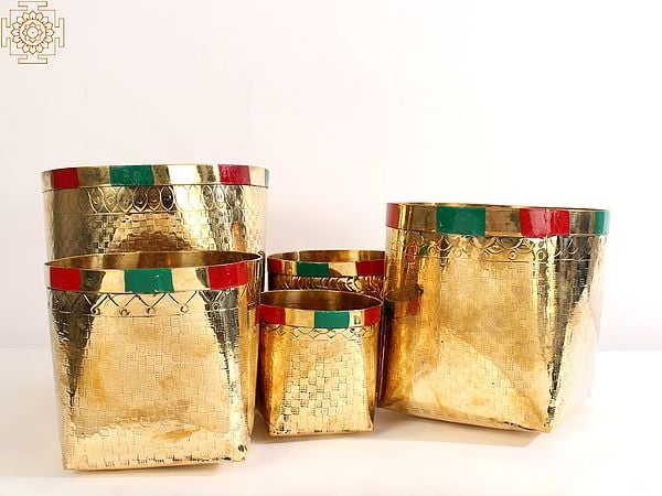 exotic india Traditional Brass Basket for Temple (Set Of 5) 