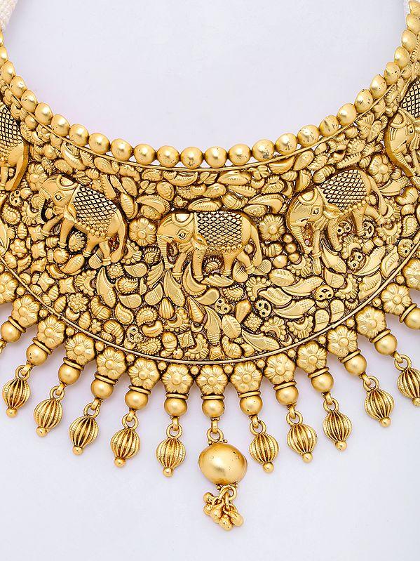 Exotic India Traditional Brass Choker Necklace With Earrings Set