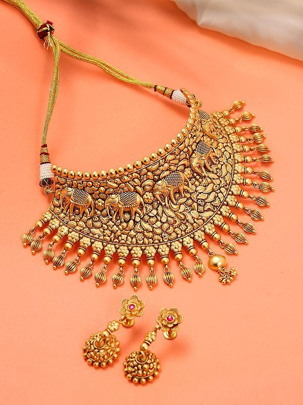 exotic india Traditional Brass Choker Necklace with Earrings Set