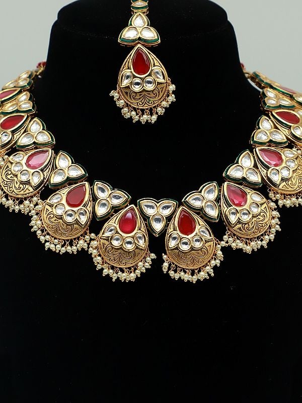Exotic India Traditional Brass Necklace Set With Kundan Mangtika And Earrings