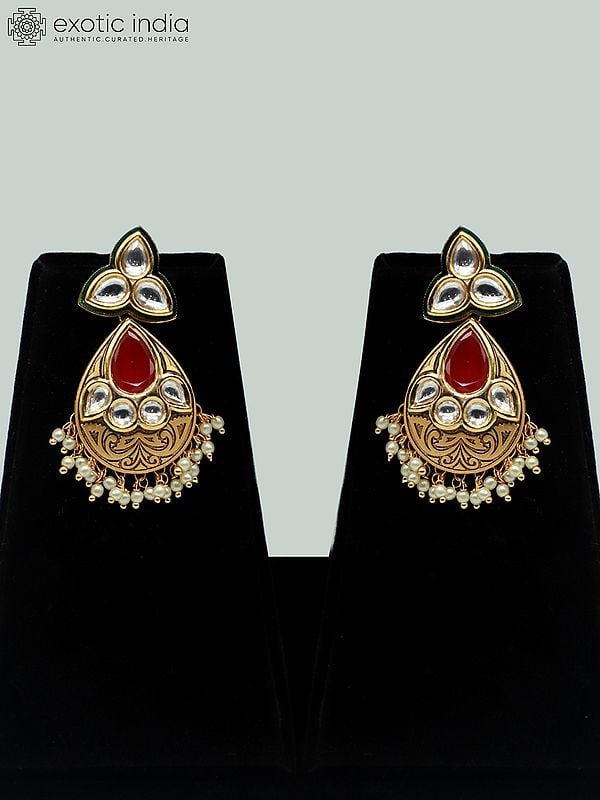 Exotic India Traditional Brass Necklace Set With Kundan Mangtika And Earrings