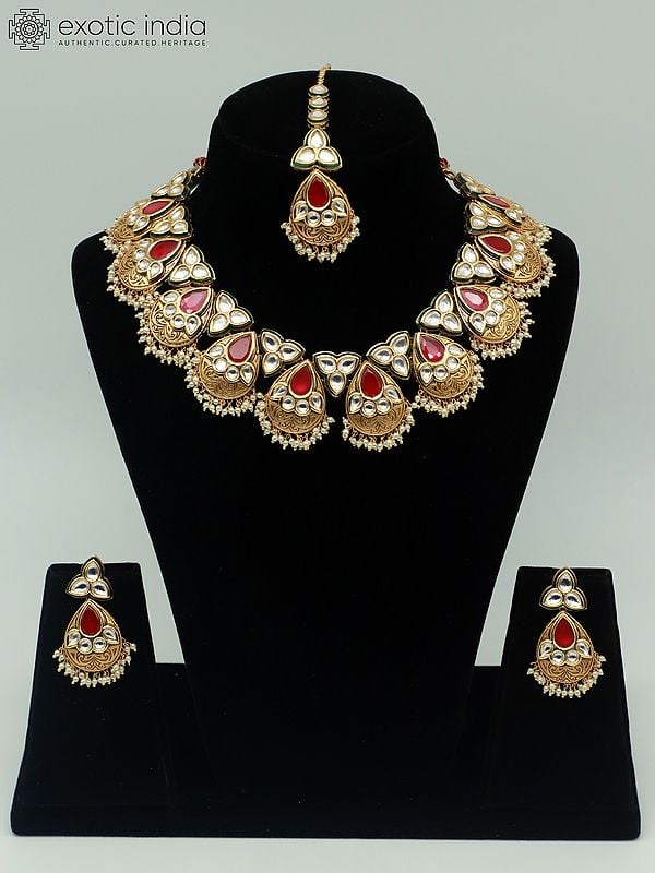 exotic india Traditional Brass Necklace Set With Kundan Mangtika And Earrings 