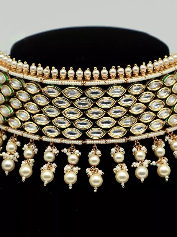Exotic India Traditional Choker Set With Hanging Beads And Attractive Earrings