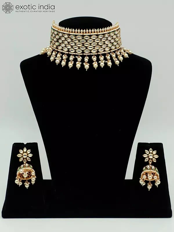 exotic india Traditional Choker Set With Hanging Beads And Attractive Earrings 