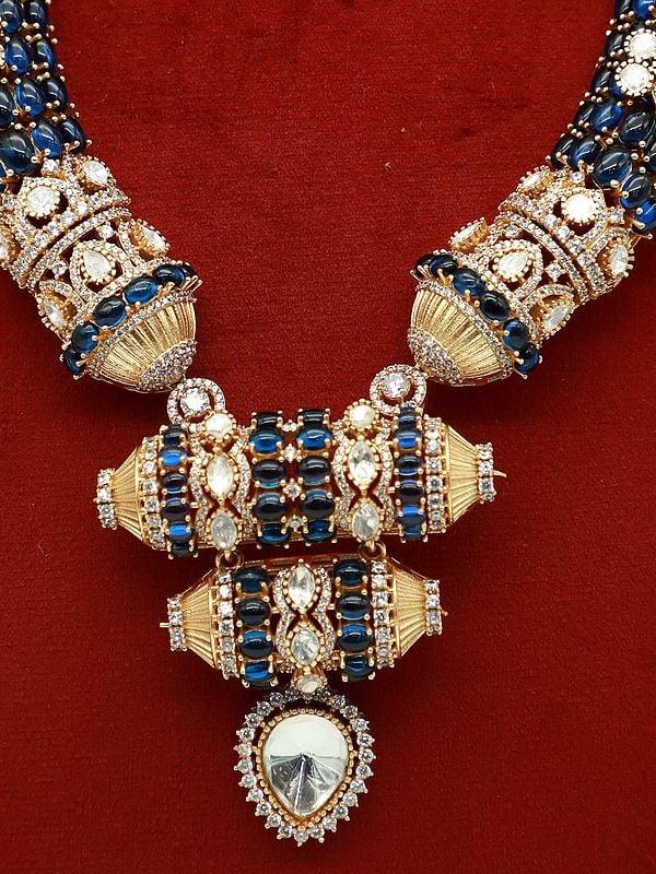 Exotic India Traditional Design Moissanite Kundan With Matt Polish Stone Studded Necklace With Earrings