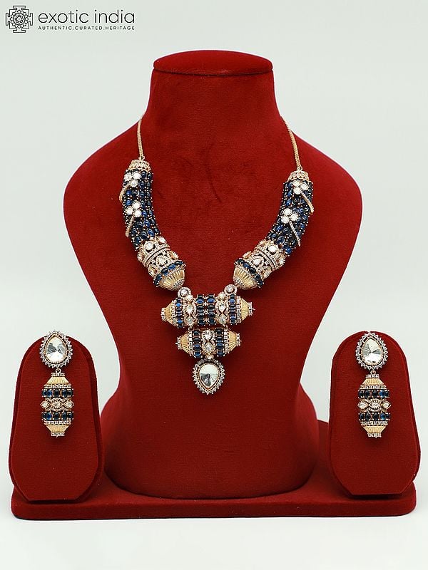 exotic india Traditional Design Moissanite Kundan With Matt Polish Stone Studded Necklace With Earrings