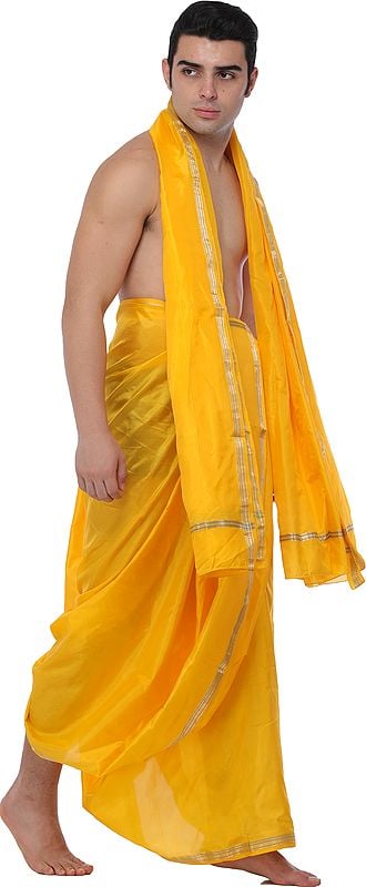 Exotic India Traditional Dhoti And Angavastram Set For Puja With Golden Thread Weave
