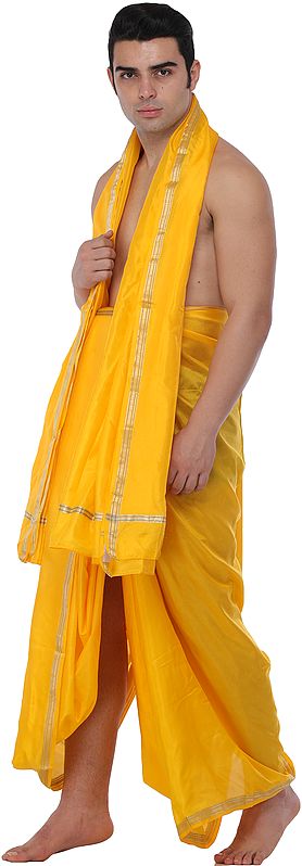 Exotic India Traditional Dhoti And Angavastram Set For Puja With Golden Thread Weave