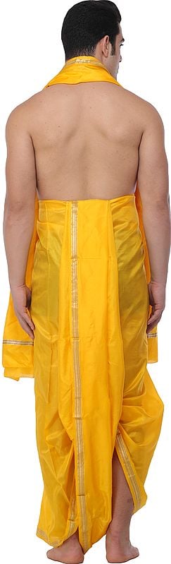 Exotic India Traditional Dhoti And Angavastram Set For Puja With Golden Thread Weave