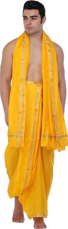 exotic india Traditional Dhoti and Angavastram set for Puja with Golden Thread Weave 