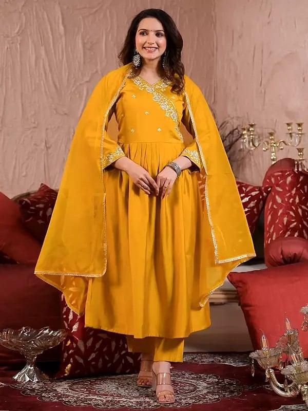 Exotic India Traditional Embroidery And Sequins Work Flared Viscose Chanderi Angrakha Kurta Set With Matching Dupatta 