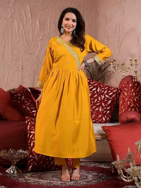 Exotic India Traditional Embroidery And Sequins Work Flared Viscose Chanderi Angrakha Kurta Set With Matching Dupatta 