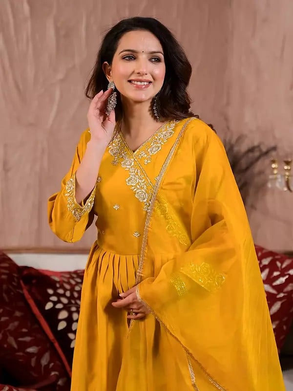 Exotic India Traditional Embroidery And Sequins Work Flared Viscose Chanderi Angrakha Kurta Set With Matching Dupatta 