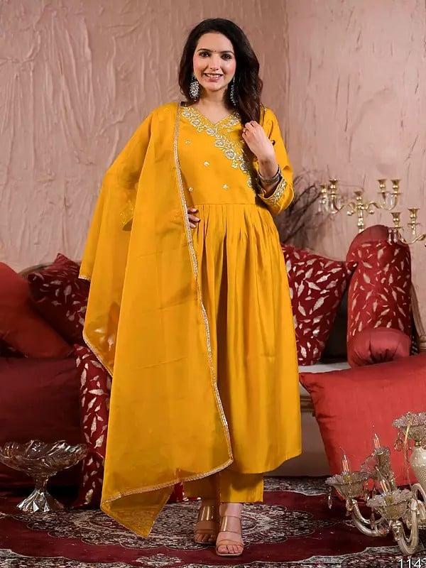exotic india Traditional Embroidery And Sequins Work Flared Viscose Chanderi Angrakha Kurta Set With Matching Dupatta 