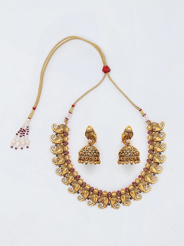 exotic india Traditional Ganesha Necklace and Earrings Set 