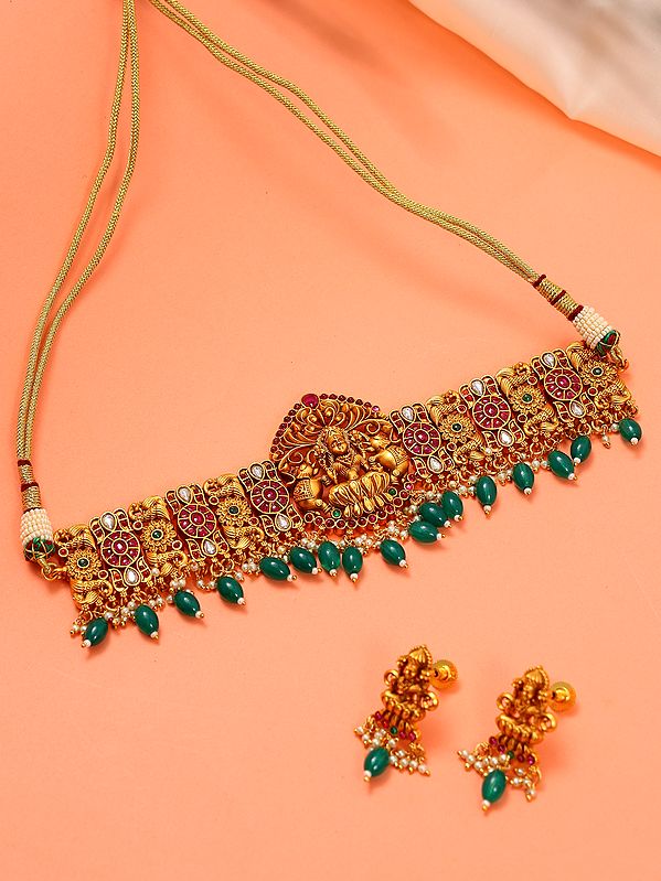 Exotic India Traditional Goddess Gajalaxmi Choker With Earrings Set 