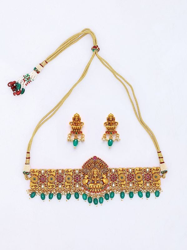 exotic india Traditional Goddess Gajalaxmi Choker with Earrings Set 