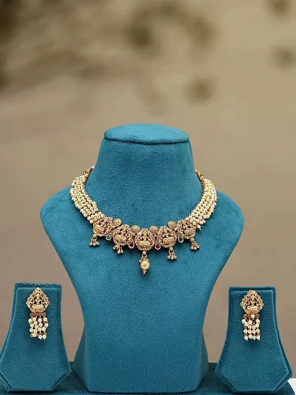 exotic india Traditional Goddess Lakshmi Necklace and Earrings Set 