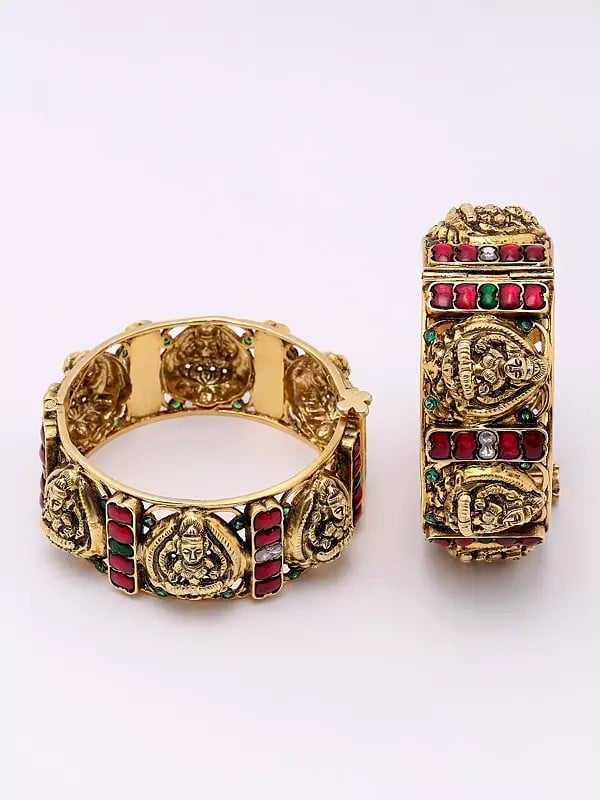 Exotic India Traditional Goddess Lakshmi Openable Bangles With Studded Stones (Set Of 2) 