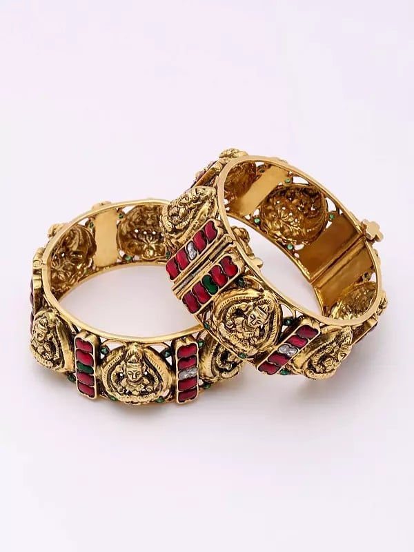exotic india Traditional Goddess Lakshmi Openable Bangles with Studded Stones (Set of 2) 