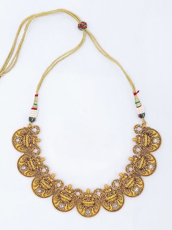 Exotic India Traditional Goddess Laxmi Brass Necklace With Earrings Set 